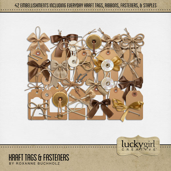 Accent your vintage family history and genealogy pages with these beautiful kraft paper tags, ribbon, bows, staples, and fasteners that will add that special touch to your page titles, journaling, and heritage family photos. Great for everyday pages, too! This kit is NOT included in any bundle.