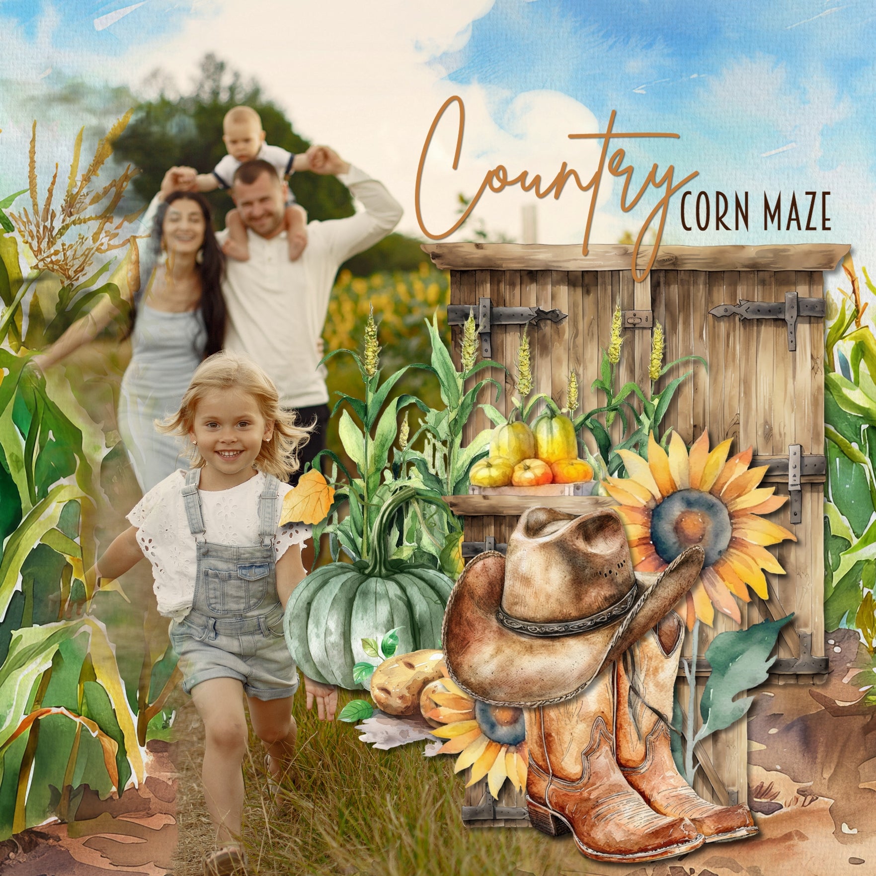 Whether you love to spend your time on the farm, the ranch, growing crops, or enjoy barnyard animals and the garden, this beautiful watercolor digital scrapbooking collection by Lucky Girl Creative digital art will help you document your memories. Embellishments include bull, cow, chicken, hen, rooster, chick, bunny rabbit, nest, cattle, Border Collie dog, goat, horse, bee, bug, insect, pig, hog, sheep, barn door, barn, farmhouse, window, shed, chicken coop, clothespin, crop, corn, field, cowboy, and more.