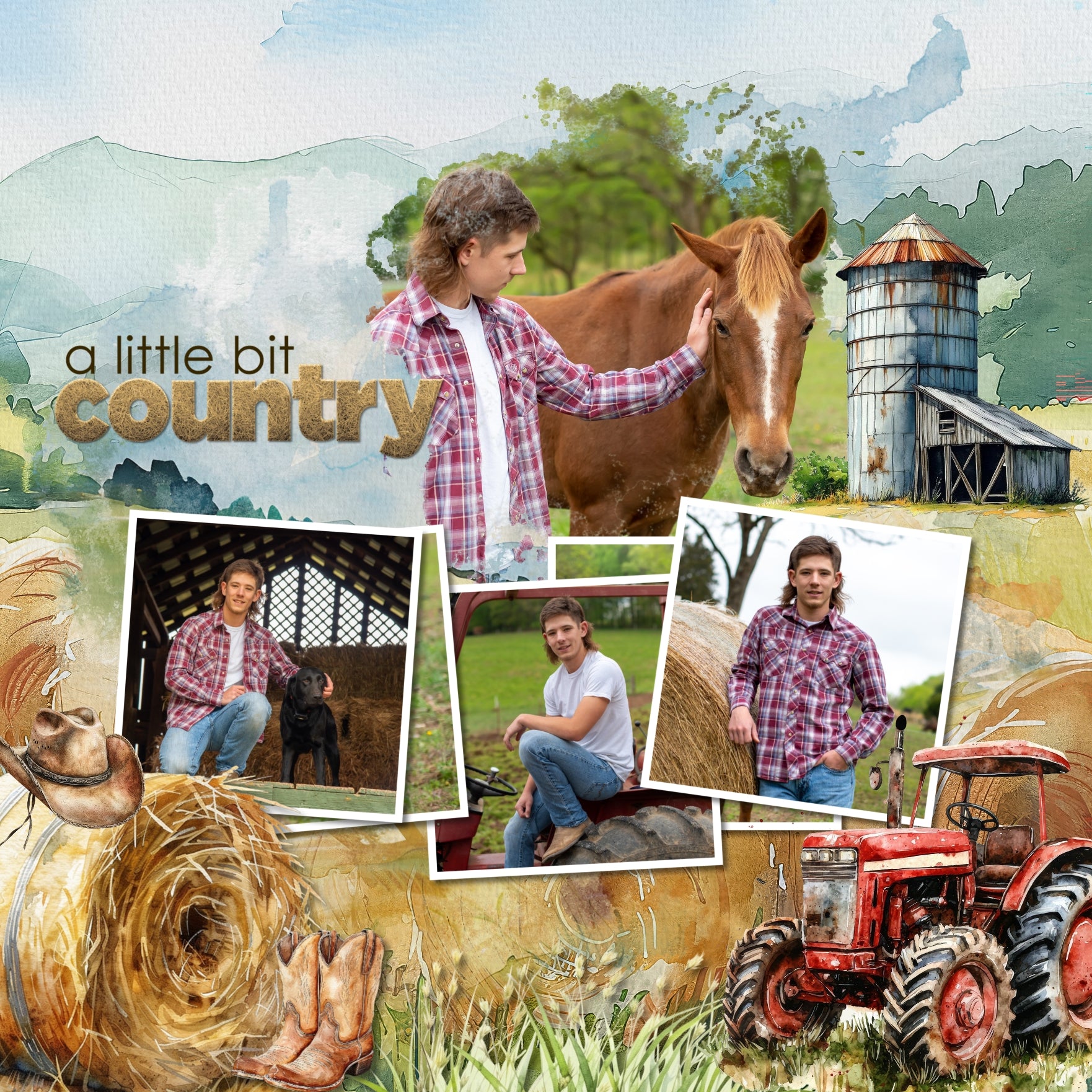 Whether you love to spend your time on the farm, the ranch, growing crops, or enjoy barnyard animals and the garden, this beautiful watercolor digital scrapbooking collection by Lucky Girl Creative digital art will help you document your memories. Embellishments include bull, cow, chicken, hen, rooster, chick, bunny rabbit, nest, cattle, Border Collie dog, goat, horse, bee, bug, insect, pig, hog, sheep, barn door, barn, farmhouse, window, shed, chicken coop, clothespin, crop, corn, field, cowboy, and more.