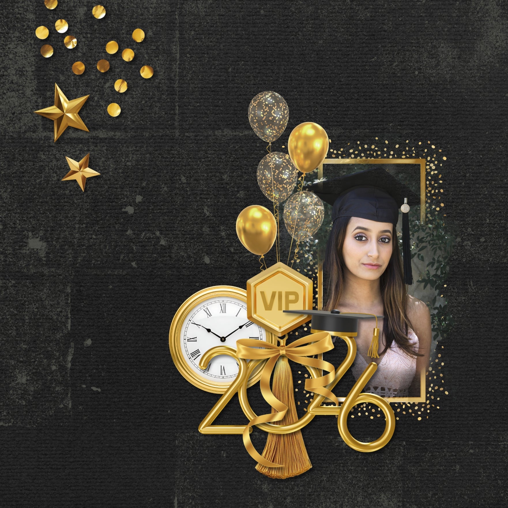 Celebrate your grad with this golden graduation collection featuring embellishments, papers, confetti overlays, and glitter frames by Lucky Girl Creative digital art for digital scrapbooking. Perfect for graduation announcements, graduation party invitations, and pages that honor their graduate's achievement. Can we used for high school, university, college, or grad school graduation ceremonies plus New Year's, wedding, birthday, anniversary, and other celebrations. Embellishments include arrow, medal