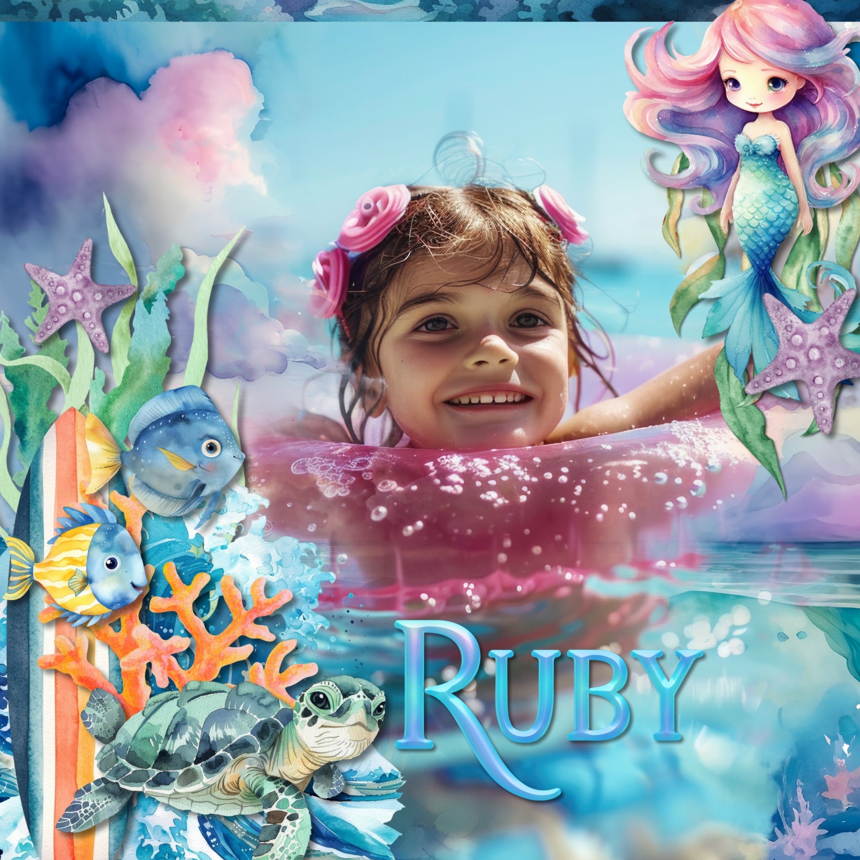 Capture the fairytale moments of childhood with these easy-to-use beautiful, watercolor under the sea fantasy embellishments, papers, clusters, and water alpha set by Lucky Girl Creative digital art for digital scrapbooking. Great for little girls and vacations to the beach, ocean, and seaside. Great for little girls and vacations to the beach, ocean, and seaside. Fairy tale embellishments include seagull, crab, dolphin, fish, puffer fish, jellyfish, lobster, octopus, sea turtle, seahorse, seal, shark