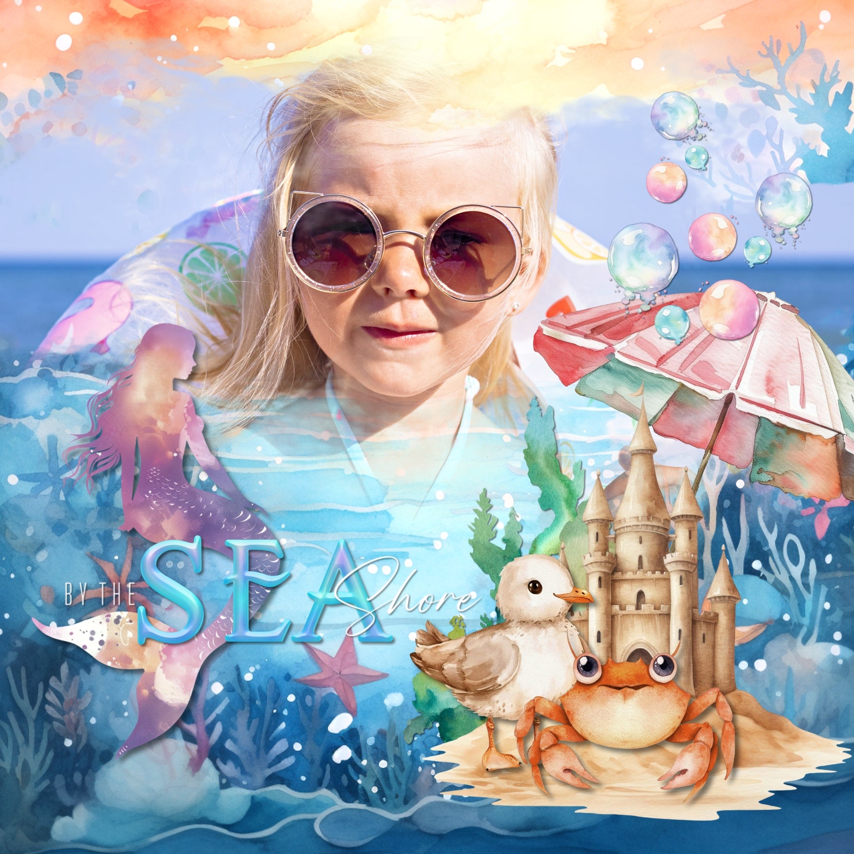 Capture the fairytale moments of childhood with these easy-to-use beautiful, watercolor under the sea fantasy embellishments, papers, clusters, and water alpha set by Lucky Girl Creative digital art for digital scrapbooking. Great for little girls and vacations to the beach, ocean, and seaside. Great for little girls and vacations to the beach, ocean, and seaside. Fairy tale embellishments include seagull, crab, dolphin, fish, puffer fish, jellyfish, lobster, octopus, sea turtle, seahorse, seal, shark