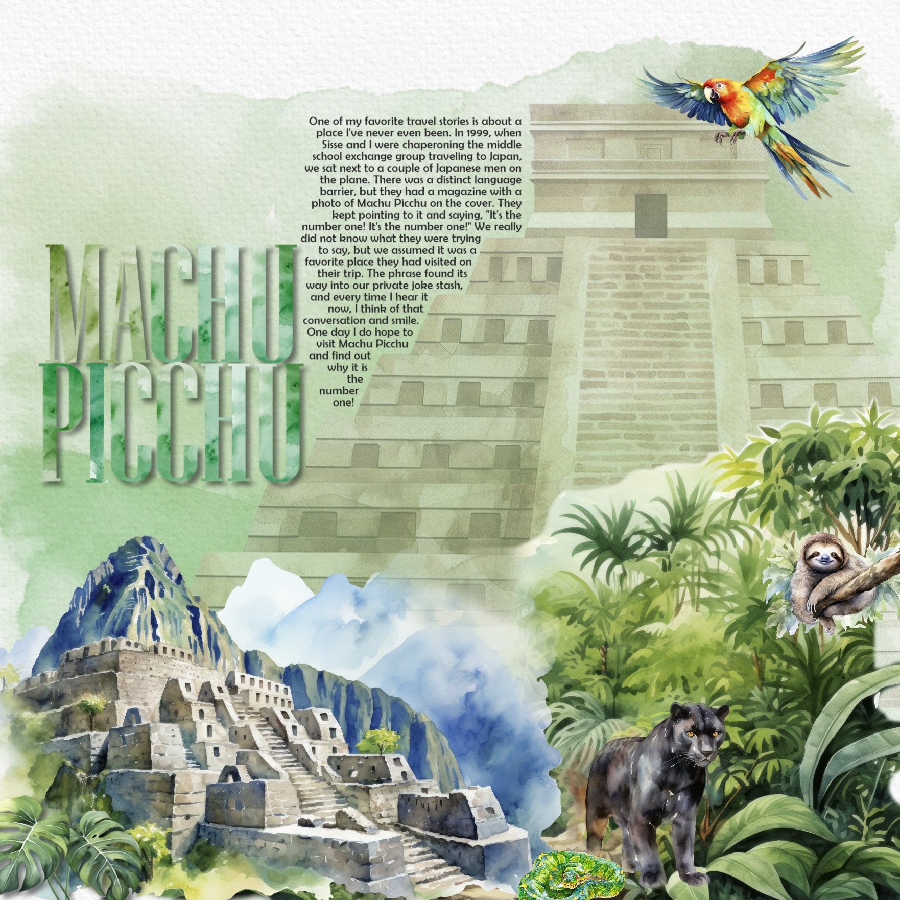 Add these beautiful watercolor embellishments, papers, cluster, and alpha set by Lucky Girl Creative digital art to all your digital scrapbooking pages to easily create memorable Latin American pages and albums of travel to Latin America! Great for vacations to Mexico, Belize, Costa Rica, El Salvador, Guatemala, Honduras, Nicaragua, Panama, Brazil, Argentina, Bolivia, Chile, Colombia, Ecuador, Guyana, Paraguay, Peru, Suriname, Uruguay, Venezuela, Cuba, Dominical Republic, Haiti, the Caribbean, and more.