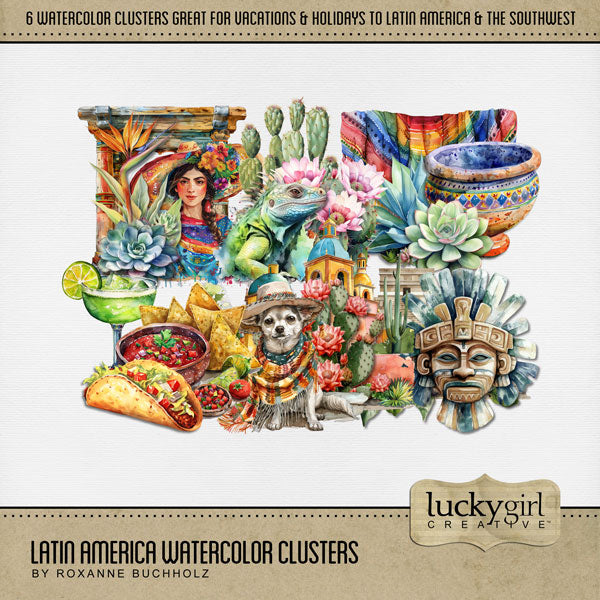 Add these beautiful watercolor clusters by Lucky Girl Creative digital art to all your digital scrapbooking pages to easily create memorable Latin American pages and albums of travel to Latin America! Great for vacations to Mexico, Belize, Costa Rica, El Salvador, Guatemala, Honduras, Nicaragua, Panama, Brazil, Argentina, Bolivia, Chile, Colombia, Ecuador, Guyana, Paraguay, Peru, Suriname, Uruguay, Venezuela, Cuba, Dominical Republic, Haiti, the Caribbean, South America, Central America, and Puerto Rico.