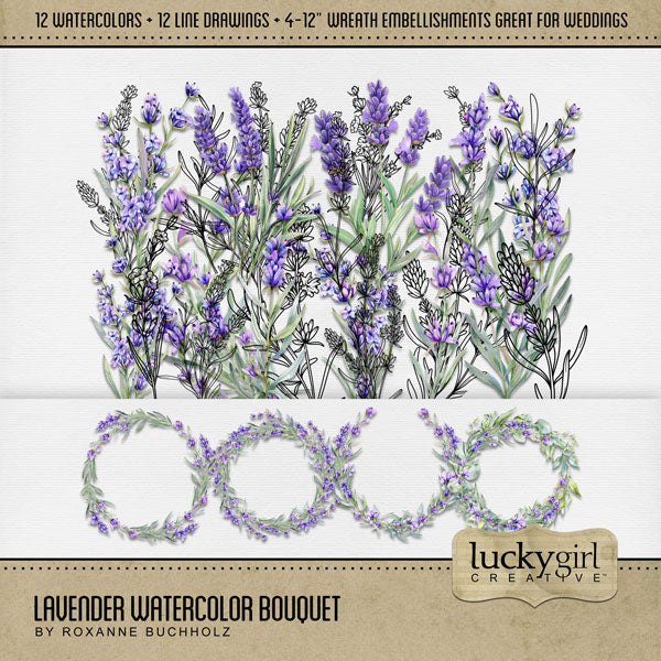 Capture the special moments of your wedding or flower garden with this mix of watercolor and hand drawn lavender by Lucky Girl Creative digital art. Great for wedding invitations, save the date cards, albums, decor, and even spring and summer pages, too! This kit is included in the Flower Watercolor Bouquet Bundle 1.