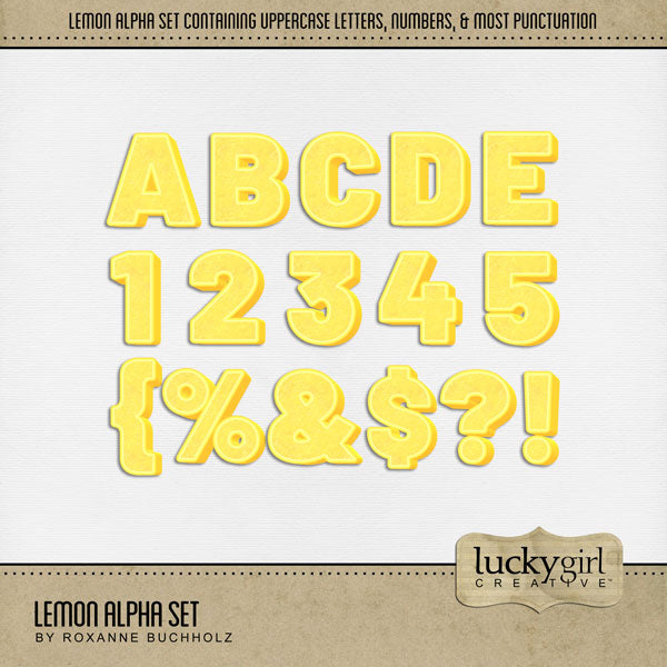 Showcase your favorite pie recipes, cookbook favorites, desserts, and summer activities with these fun digital scrapbooking alphabet letters, numbers, and punctuation by Lucky Girl Creative digital art great for creating one-of-a-kind page titles. This alpha set consists of a full set of digital art uppercase letters A-Z, numbers 0-9, and most punctuation. This alpha set is available as individual embellishments only.