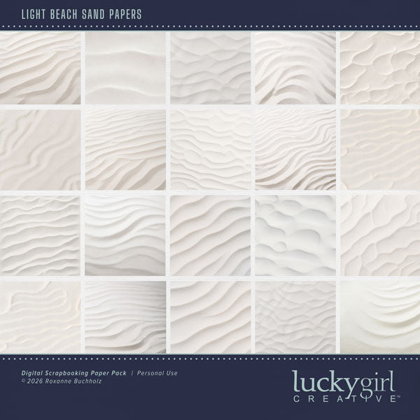 This beautiful light sand paper pack by Lucky Girl Creative digital art for digital scrapbooking in white and cream tones will help you create memorable pages. Great for beach and ocean as well desert pages, too! This kit is included in the Shore Sophistication Bundle 2.