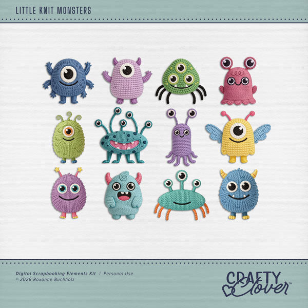 Bursting with cozy knitted textures and adorable monster personalities, this delightful collection by Crafty Clover digital art proves that even little monsters can have big hearts! Inspired by lovable yarn-crafted toys, these quirky creatures bring together soft, snuggly appeal and playful monster magic for a collection that's simply too cute to be scary. Perfect for children's scrapbook pages, playful birthday celebrations, Halloween memories, and monster-themed projects, this charming kit