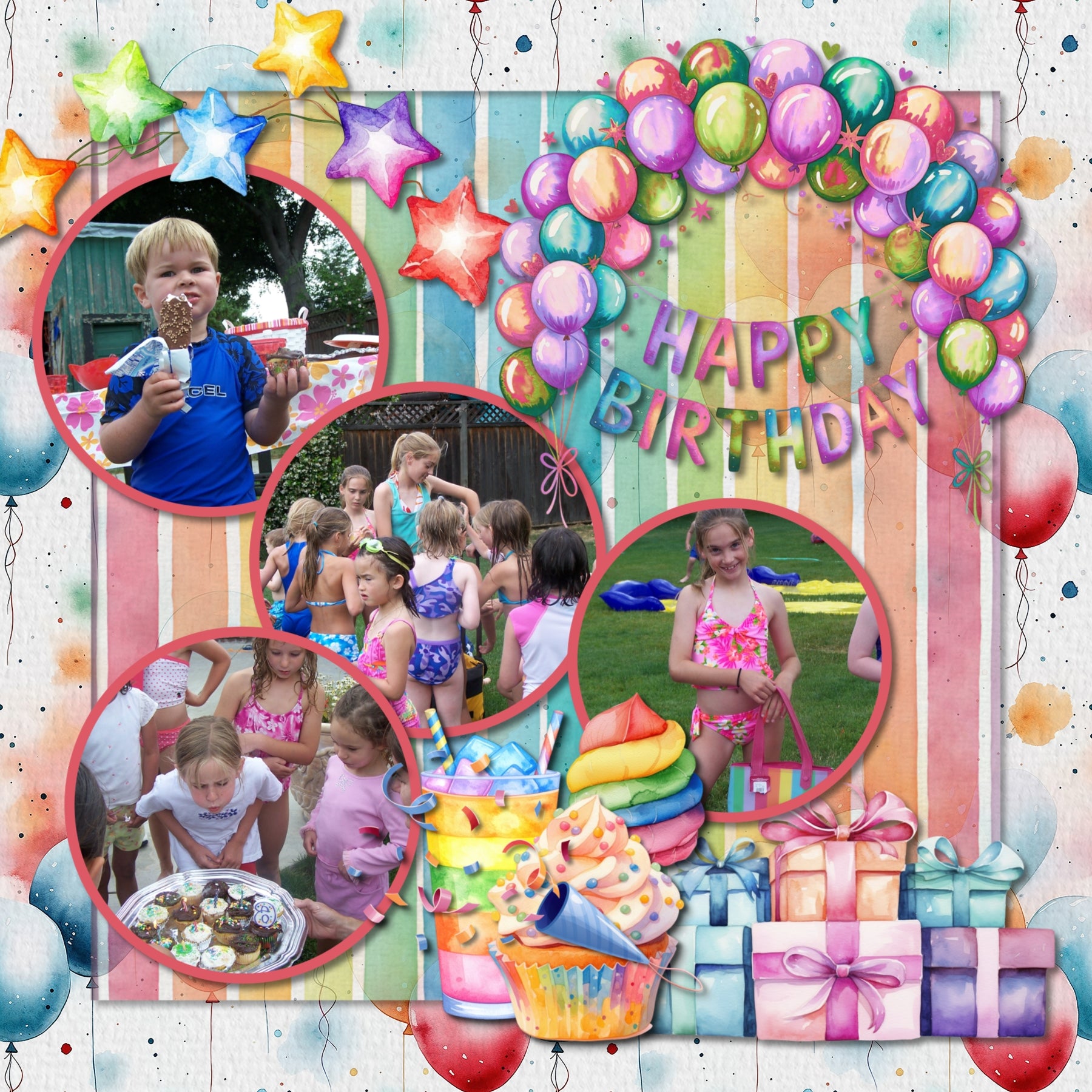 Celebrate the children in your life with these bright and playful watercolor embellishments, papers, word art, and clusters by Lucky Girl Creative digital art for digital scrapbooking. Great for birthday, boys, girls, celebrations, and carnival activities. Embellishments include balloon, monkey, frog, dog, giraffe, rabbit, bear, balloon arch, jumpy house, bounce house, banner, bunting, candle, goodie bag, carousel, car, clown, stars, confetti, cupcake, drink, soda, birthday cake, cake, candy, donut