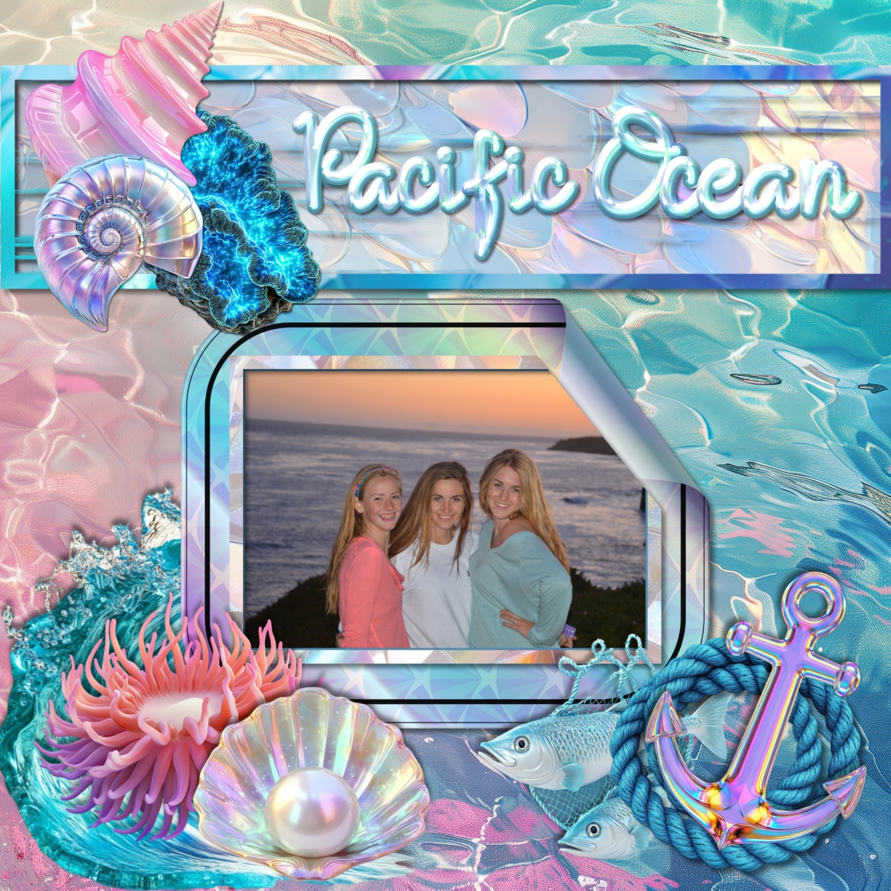 Shiny and fun, these iridescent embellishments, holographic papers, clusters, stickers, and alpha set by Lucky Girl Creative digital art are great for adding a playful touch to all your dreamy beach pages. Embellishments include airplane, anemone, seagull, crab, dolphin, fish, cuttlefish, flamingo, jellyfish, lobster, octopus, sea turtle, shark, squid, whale, beach bag, sailboat, boat, bubble, moon, clam, cloud, rock, cocktail, tropical drink, compass, coral, flip flops, flower, heart, ice cream, sundae