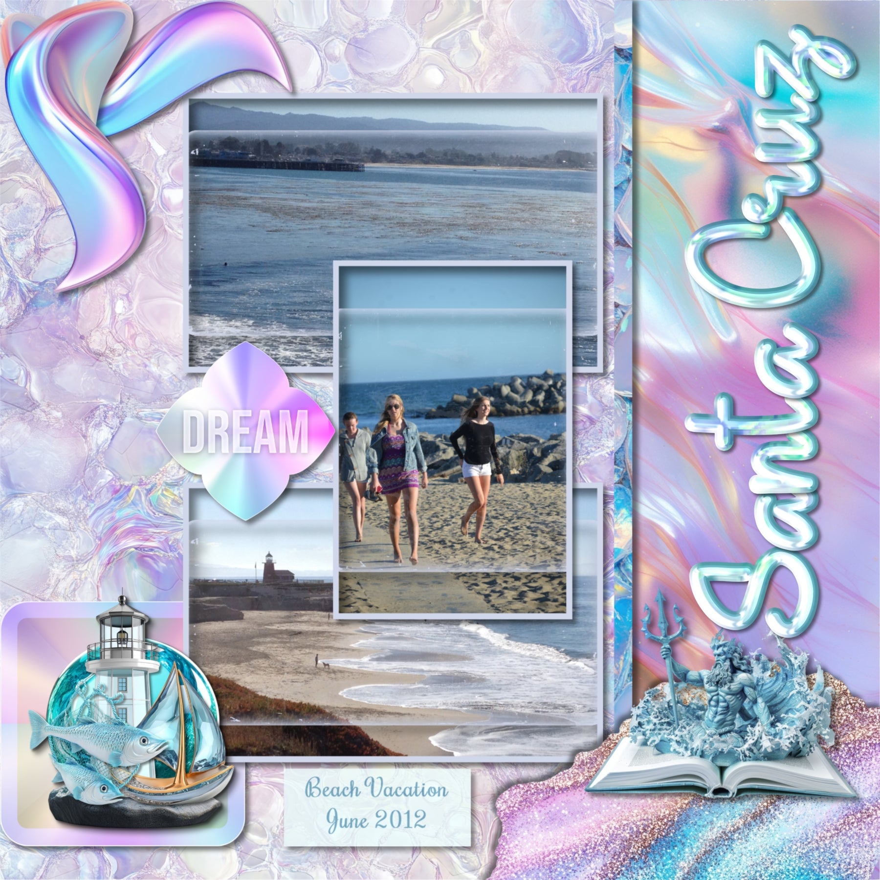 Shiny and fun, these iridescent embellishments, holographic papers, clusters, stickers, and alpha set by Lucky Girl Creative digital art are great for adding a playful touch to all your dreamy beach pages. Embellishments include airplane, anemone, seagull, crab, dolphin, fish, cuttlefish, flamingo, jellyfish, lobster, octopus, sea turtle, shark, squid, whale, beach bag, sailboat, boat, bubble, moon, clam, cloud, rock, cocktail, tropical drink, compass, coral, flip flops, flower, heart, ice cream, sundae