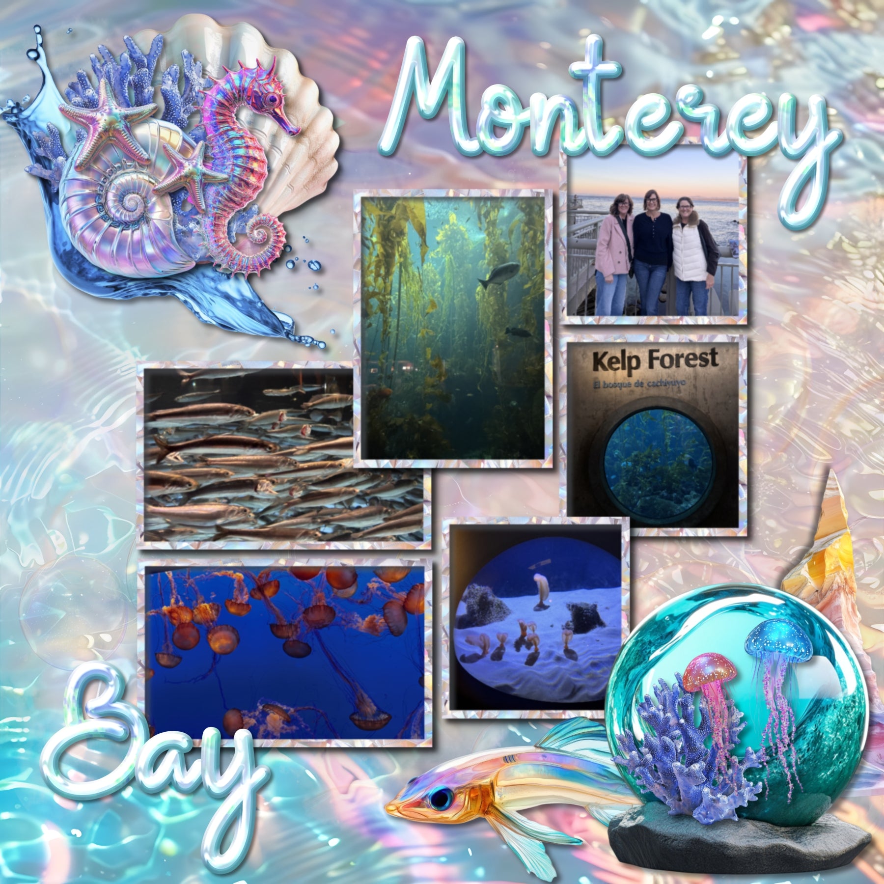Shiny and fun, these iridescent embellishments, holographic papers, clusters, stickers, and alpha set by Lucky Girl Creative digital art are great for adding a playful touch to all your dreamy beach pages. Embellishments include airplane, anemone, seagull, crab, dolphin, fish, cuttlefish, flamingo, jellyfish, lobster, octopus, sea turtle, shark, squid, whale, beach bag, sailboat, boat, bubble, moon, clam, cloud, rock, cocktail, tropical drink, compass, coral, flip flops, flower, heart, ice cream, sundae