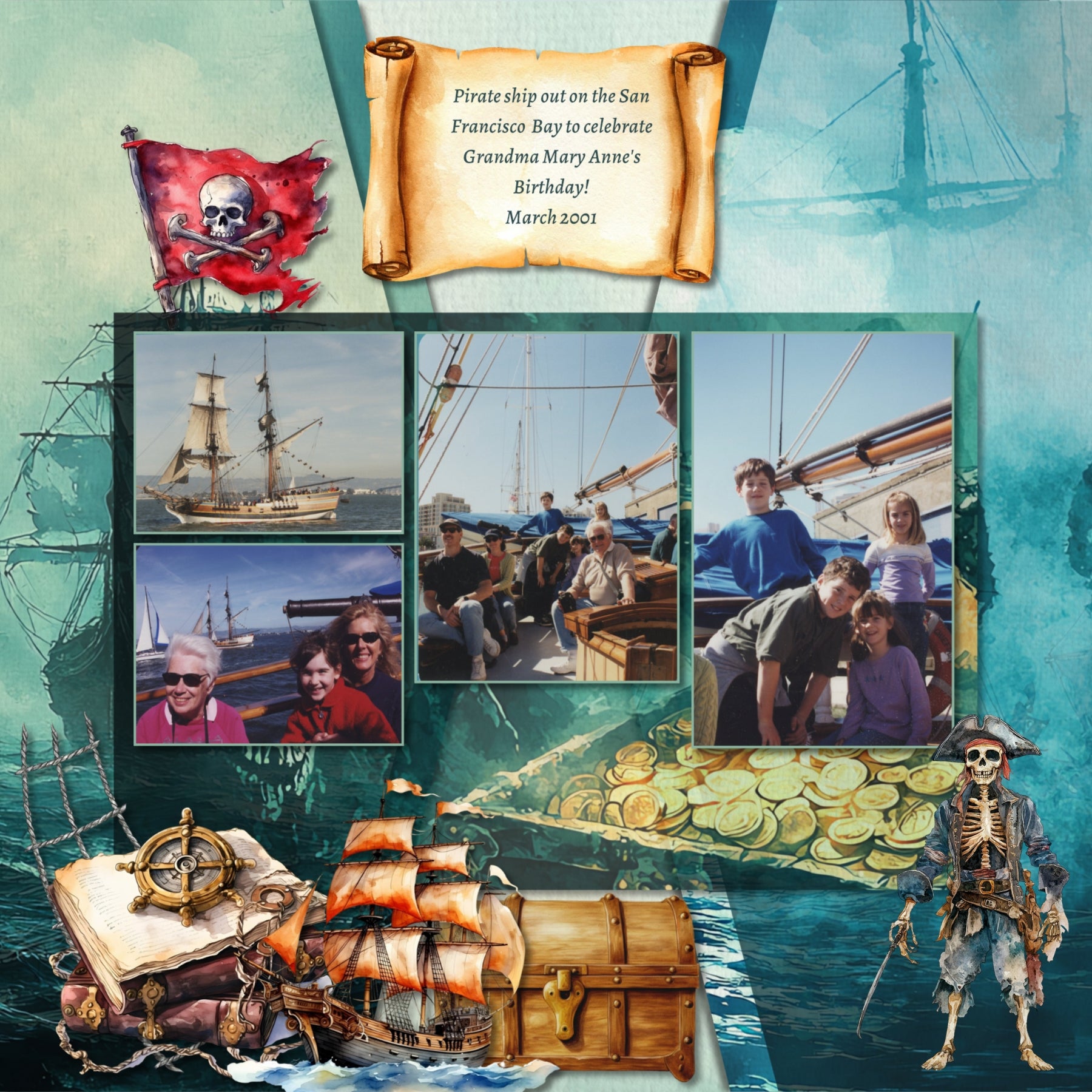 Ahoy, Matey! Feel like a pirate as you create one-of-a-kind watercolor digital scrapbooking pages! Use to document adventures to the Pirates of the Caribbean, pirate cruises, Halloween, and International Talk Like a Pirate Day. Embellishments by Lucky Girl Creative digital art include parrot, seagull, fish, iguana, cat, monkey, octopus, whale, pirate ship, boat, book, bottle, poison, candle, cannon, cannon ball, pitcher, jug, barrel, mug, rum, eye patch, pirate flag, globe, gun, pistol, hat, headband, pen, 