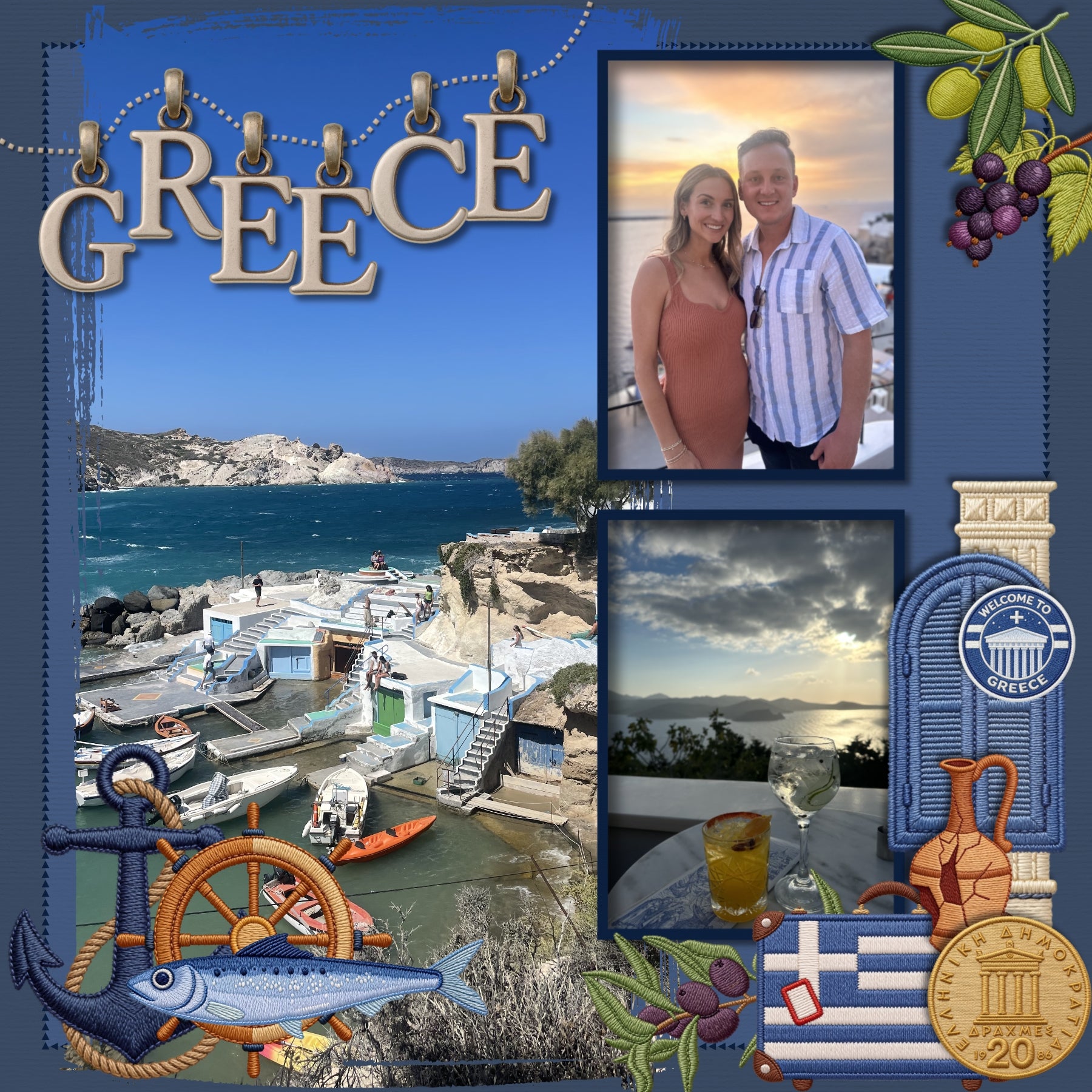 Document your world travel digital scrapbooking pages with these authentic embroidered patches by Crafty Clover digital art celebrating Greece. Embellishments include dolphin, fish, sardine, sea bass, pelican, Seabream, seal, whale, clay, ceramic, vase, pottery, vessel, artifact, beach chair, umbrella, cruise ship, boat, Greek warship, Trireme, anchor, ship building, sailor hat, ship's wheel, yacht, book of myths, bow and arrow, dome, coin, money, column, arch, ruin, broken, Parthenon, dishes, plates, dome,