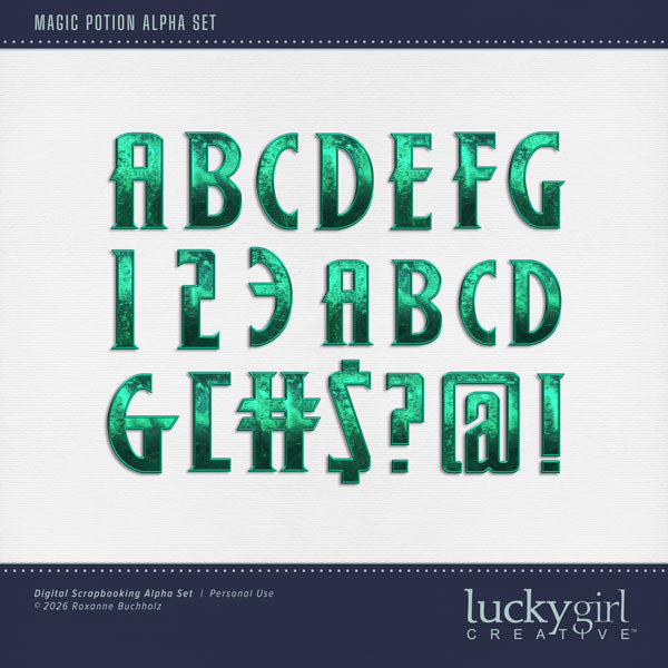Capture the fairytale moments of childhood with this green fantasy alpha set by Lucky Girl Creative digital art great for creating unique Halloween digital scrapbooking page titles. The Magic Potion consists of a full set of digital art uppercase alphabet letters A-Z, lowercase alphabet letters a-z, numbers 0-9, and most punctuation marks. This alpha set is available as individual embellishments only. This kit is included in the Fairytale Watercolor Villain Bundle.