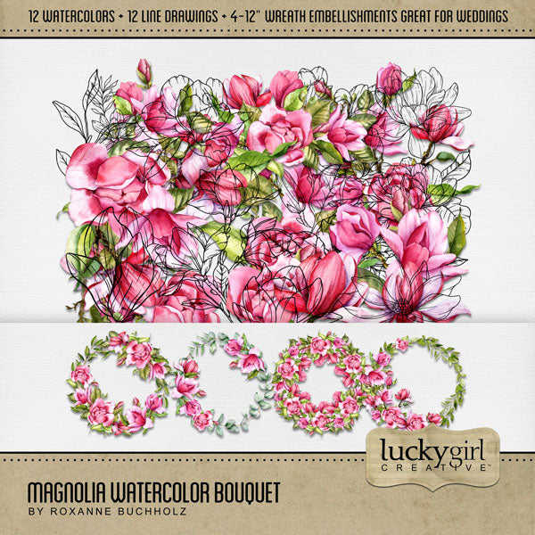 Capture the special moments of your wedding or flower garden with this mix of watercolor and hand drawn magnolias by Lucky Girl Creative digital art. Great for wedding invitations, save the date cards, albums, decor, and even spring and summer pages, too! This kit is included in the Flower Watercolor Bouquet Bundle 1.