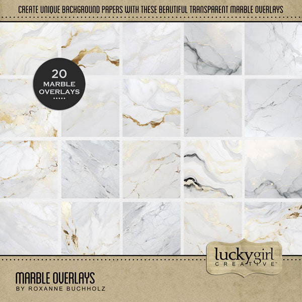 Add beautiful transparent marble overlays by Lucky Girl Creative digital art to all your digital scrapbooking pages! In hues of gold, white, and gray, the marbled overlays add so much warmth and depth to all your memory keeping projects. Try layering over different colored digital papers to create a one-of-a-kind look! Great for celebrations including wedding, anniversary, birthday, graduation, and more! This kit is included in the Marble Papers & Overlays Kit.