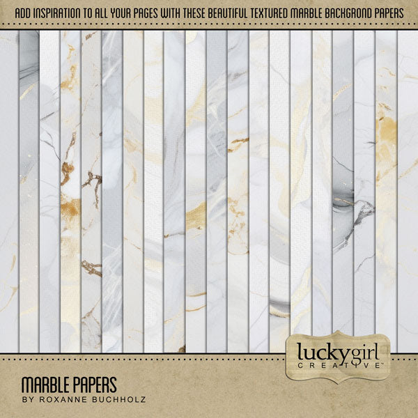 Add beautiful marble background papers by Lucky Girl Creative digital art to all your digital scrapbooking pages! In hues of gold, white, and gray, the abstract marbled papers add so much warmth and depth to all your memory keeping projects. Great for celebrations including wedding, anniversary, birthday, graduation, and more! This kit is included in the Marble Papers & Overlays Kit.