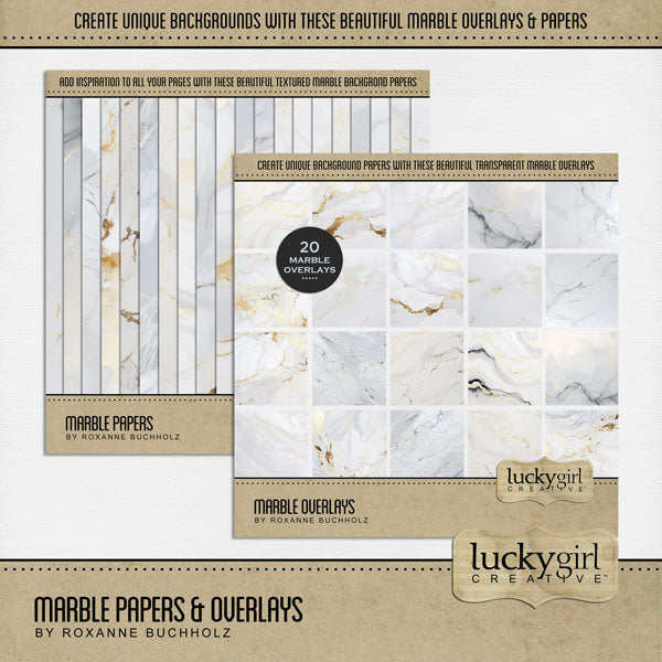 Add beautiful marble background papers and transparent overlays to all your digital scrapbooking pages! In hues of gold, white, and gray, the marbled papers and overlays add so much warmth and depth to all your memory keeping projects. Great for celebrations including wedding, anniversary, birthday, graduation, and more!