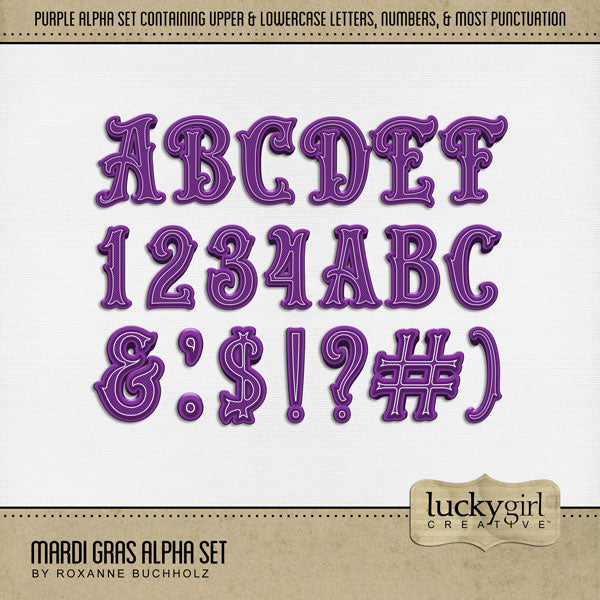 Add these festive purple alphabet letters, numbers, and punctuation by Lucky Girl Creative digital art to all your digital scrapbooking pages celebrating the carnival, circus, a parade, or Mardi Gras holiday party in New Orleans! The Mardi Gras Alpha Set consists of a full set of digital art uppercase alphabet letters A-Z, lowercase letters a-z, numbers 0-9, and most punctuation marks. This alpha set is available as individual embellishments only. This kit is included in the Mardi Gras Watercolor Bundle.