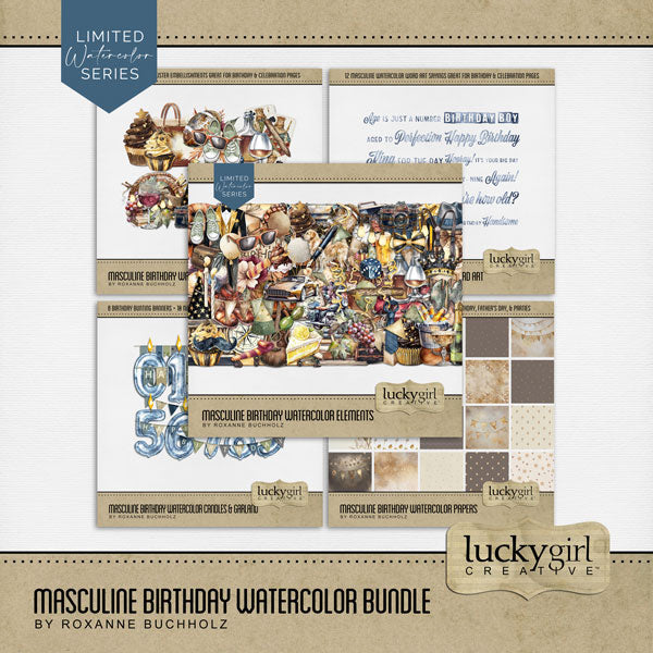 Celebrate the man in your life with these masculine watercolor embellishments, papers, word art, and clusters by Lucky Girl Creative digital art for digital scrapbooking. Great for birthday, boys night out, celebrations, and other manly activities. Embellishments include balloon, banner, bunting, flag, candle, party hat, books, camera, steering wheel, casino chips, poker chips, cigar, bowtie, hat, shoes, suit, suspenders, tie, compass, confetti, streamers, cowboy boots, cowboy hat, crown, dog