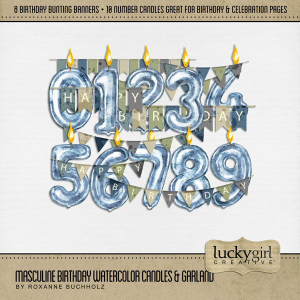 Celebrate the man in your life with these masculine watercolor candles, garland, bunting, and banner embellishments by Lucky Girl Creative digital art for digital scrapbooking. This kit is included in the Masculine Birthday Watercolor Bundle.
