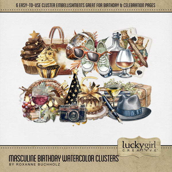 Celebrate the man in your life with these easy-to-use masculine watercolor cluster embellishments. Embellishments include cupcakes, gift bag, liquor, playing cards, cigar, wine, fireplace, grapes, hat, pen, birthday hat, camera, football, sneakers, and sunglasses. This kit is included in the Masculine Birthday Watercolor Bundle.