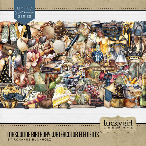 Celebrate the man in your life with these masculine watercolor embellishments. Great for birthday, boys night out, celebrations, and other manly activities. Embellishments include balloon, banner, bunting, flag, candle, party hat, books, camera, steering wheel, casino chips, poker chips, cigar, bowtie, hat, shoes, suit, suspenders, tie, compass, confetti, streamers, cowboy boots, cowboy hat, crown, dog, Golden Retriever, beer, champagne, liquor, whiskey, brandy, martini, olives, gin, vodka, wine, fireplace,