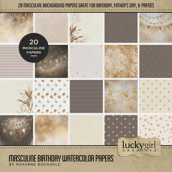 Celebrate the man in your life with these masculine watercolor papers by Lucky Girl Creative digital art for digital scrapbooking in tones of brown and gold. Great for birthday, anniversary, Father's Day, and even New Year! This kit is included in the Masculine Birthday Watercolor Bundle.