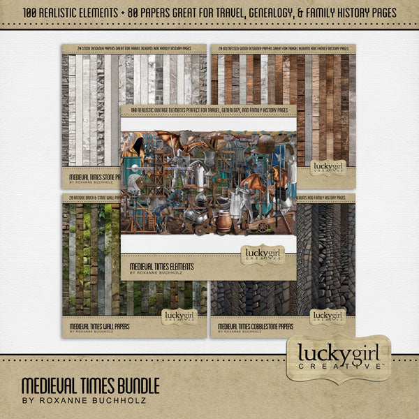 Great for genealogy and family history albums, trips to Renaissance Fairs or Medieval Faire Festivals, and vacations to Europe and other historic sites, these beautiful realistic digital scrapbooking elements and versatile papers by Lucky Girl Creative digital art are the perfect accent for your digital scrapbooking pages and albums.