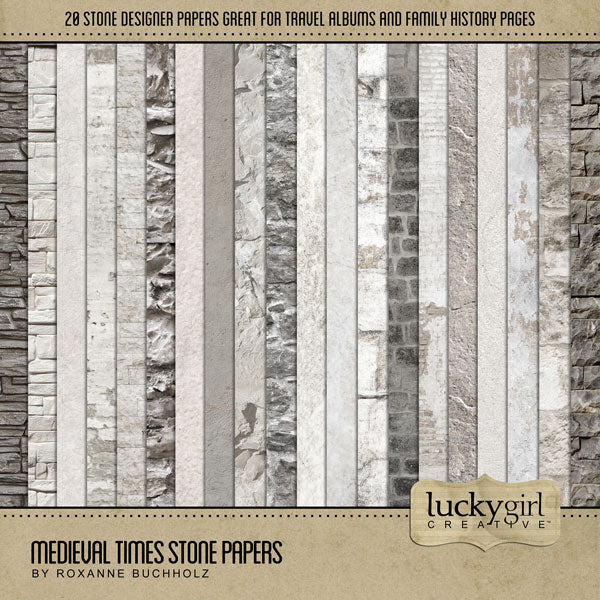 Great for genealogy and family history albums, trips to Renaissance Fairs or Medieval Faire Festivals, and vacations to Europe and other historic sites, these beautiful realistic digital scrapbooking papers by Lucky Girl Creative are the perfect accent for your digital scrapbooking page backgrounds. In addition, these digital papers would be a nice addition to outdoors and nature pages, too!