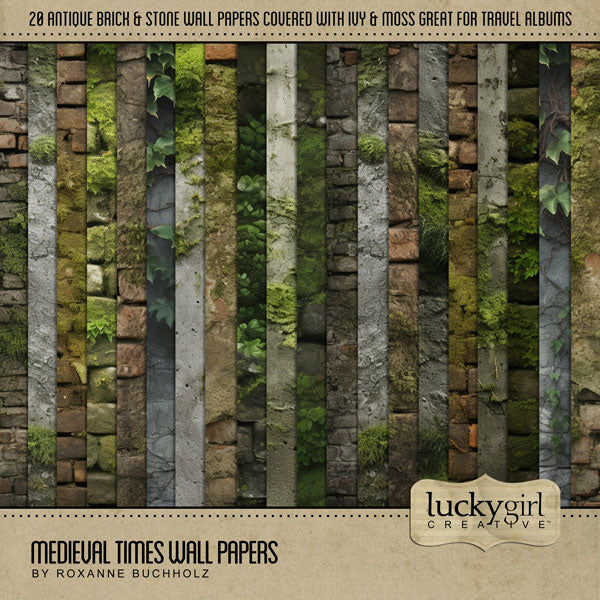 Great for genealogy and family history albums, trips to Renaissance Fairs or Medieval Faire Festivals, and vacations to Europe and other historic castle sites, these beautiful realistic digital scrapbooking papers by Lucky Girl Creative digital art are the perfect accent for your digital scrapbooking page backgrounds. They include concrete, brick, and stone garden walls covered in moss and ivy.