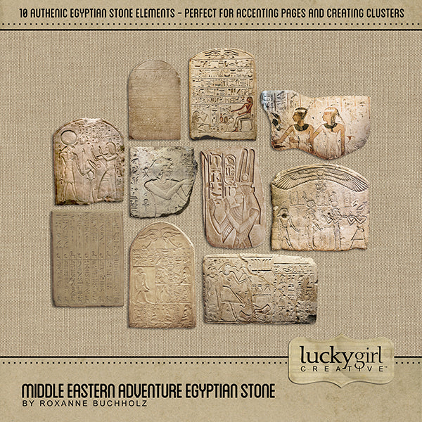 Adventure and explore through the Middle East with these beautiful and realistic Egyptian stone artifacts and hieroglyphics. Whether you have taken a holiday to the Middle East, the Holy Land, or are planning a vacation to Egypt, these Egyptian stone artifacts will authentically accent your photos. This kit is included in the Middle Eastern Adventure Bundle.