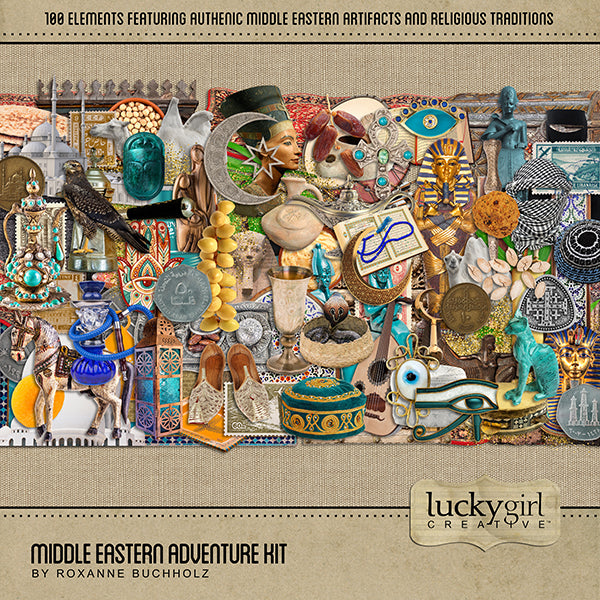 Adventure and explore through the Middle East with this beautiful and realistic travel kit by Lucky Girl Creative digital art filled with ethnic embellishments only. Whether you have taken a holiday to the Middle East, the Holy Land, or are planning a vacation there, this digital scrapbooking collection will authentically accent your photos from Cyprus, Turkey, Syria, Lebanon, Israel, the West Bank and Gaza, Jordan, Iraq, Iran, and more.