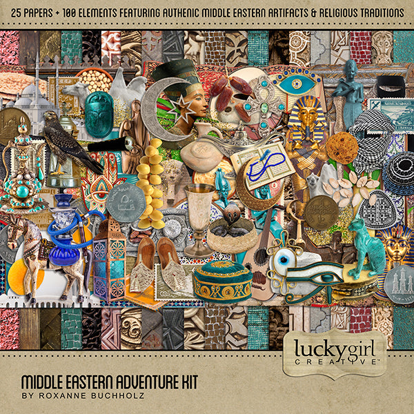 Adventure and explore through the Middle East with this beautiful and realistic travel kit by Lucky Girl Creative digital art filled with ethnic embellishments and patterned papers. Whether you have taken a holiday to the Middle East, the Holy Land, or are planning a vacation there, this digital scrapbooking collection will authentically accent your photos from Cyprus, Turkey, Syria, Lebanon, Israel, the West Bank and Gaza, Jordan, Iraq, Iran, and more.