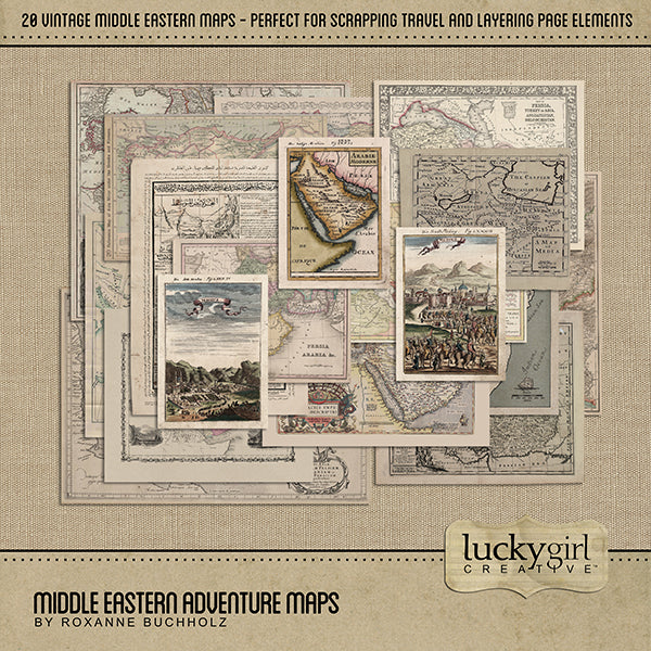 Adventure and explore through the Middle East with these beautiful and realistic vintage travel maps by Lucky Girl Creative digital art. Whether you have taken a holiday to the Middle East, the Holy Land, or are planning a vacation there, this digital scrapbooking collection will authentically accent your photos from Cyprus, Turkey, Syria, Lebanon, Israel, the West Bank and Gaza, Jordan, Iraq, Iran, and more.