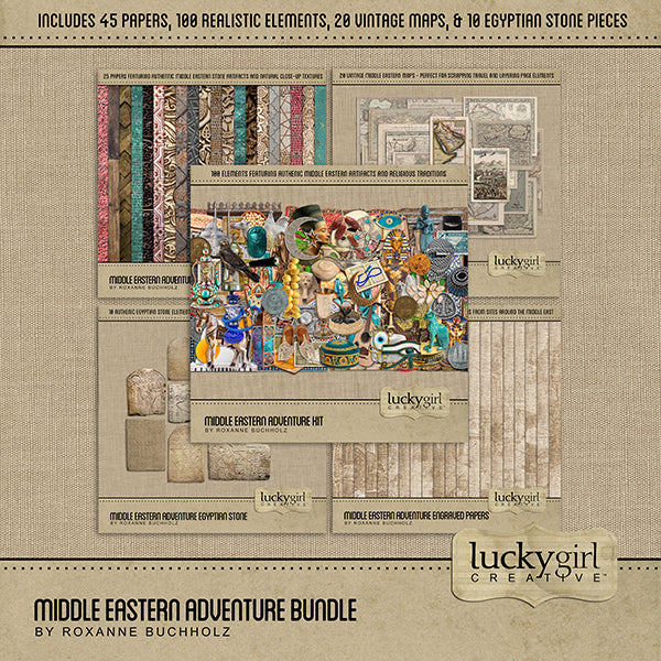 Adventure and explore through the Middle East with this beautiful and realistic travel kit filled with ethnic embellishments, patterned papers, vintage maps, and antique engraved papers. Whether you have taken a holiday to the Middle East, the Holy Land, or are planning a vacation there, this digital scrapbooking collection will authentically accent your photos from Cyprus, Turkey, Syria, Lebanon, Israel, the West Bank and Gaza, Jordan, Iraq, Iran, and more.