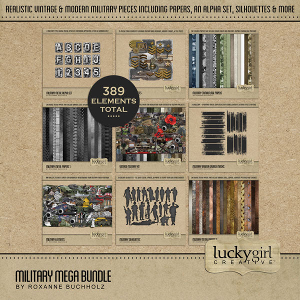 From modern to vintage, this Military Mega Bundle by Lucky Girl Creative has everything you need to celebrate and honor your favorite soldier or military hero - no matter what country you're from. Each element is unique and perfect for telling your modern day or genealogy story.