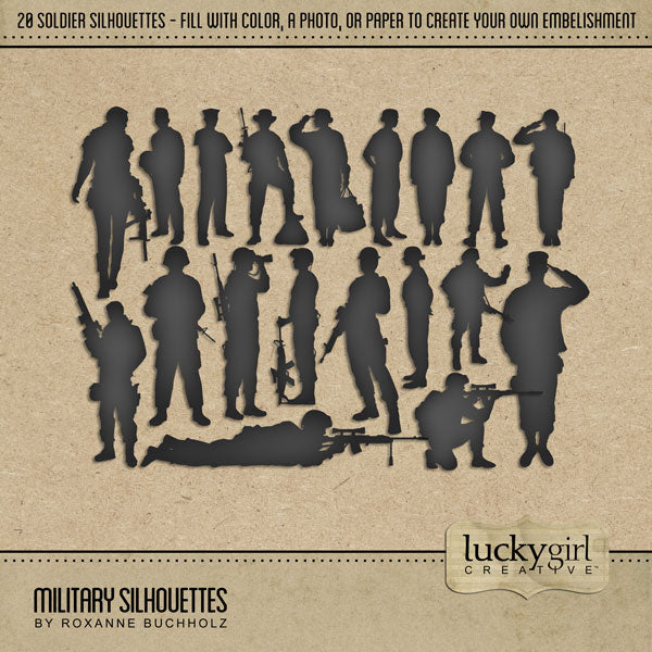 This Military Silhouettes Digital Scrapbook Kit by Lucky Girl Creative has everything you need to celebrate and honor your favorite soldier or military hero - no matter what country you're from. Each silhouette is unique and perfect for telling your modern day or genealogy story. Use as is or fill with your favorite paper, texture, or photo.