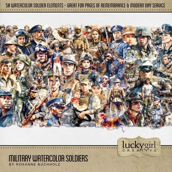 These diverse military soldiers embellishments throughout the decades by Lucky Girl Creative digital art are perfect for documenting Remembrance Day, Veteran's Day, Memorial Day, Anzac Day, Armed Forces Day, Revolutionary War, Civil War, and other tributes to soldiers and military family members. Includes all branches of the military including both men and women. This digital scrapbooking kit is included in the Remembrance Day Watercolor Bundle.
