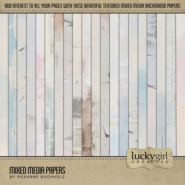 Add beautiful textured background papers by Lucky Girl Creative digital art to all your digital scrapbooking pages! In hues of tan, beige, pink, and blue, the torn and tattered collaged papers add so much warmth and depth to all your memory keeping projects. Great for vintage, family history, genealogy, and everyday pages, too! This kit is included in the Mixed Media Papers Overlays Kit.