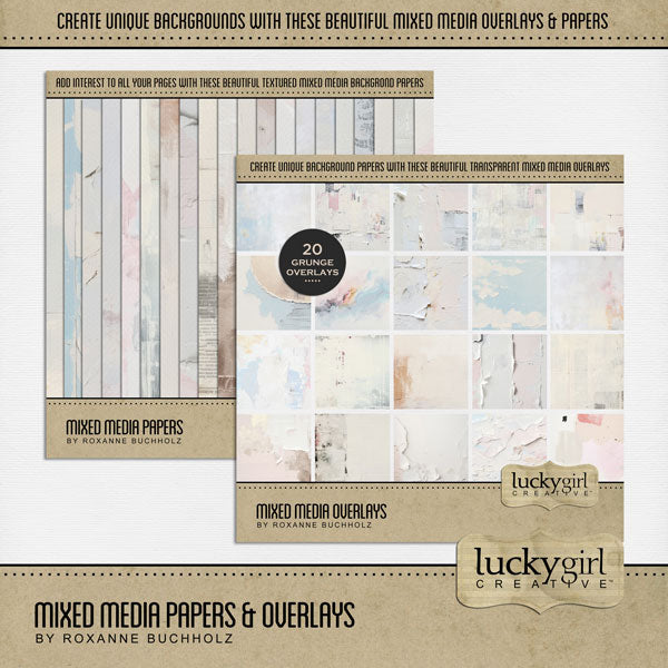 Add beautiful transparent overlays and textured papers by Lucky Girl Creative digital art to all your digital scrapbooking pages! In hues of tan, beige, pink, and blue, the torn and tattered collaged overlays and papers add so much warmth and depth to all your memory keeping projects. Great for vintage, family history, genealogy, and everyday pages, too!