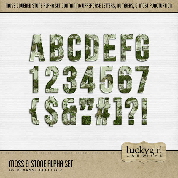 Create beautiful secret garden page titles with these moss and stone digital scrapbooking alphabet letters, numbers, and punctuation by Lucky Girl Creative digital art. Great for all outdoor and nature pages! The Moss & Stone Alpha Set consists of a full set of digital art uppercase letters A-Z, numbers 0-9, and most punctuation marks. This alpha set is available as individual embellishments only. This kit is included in the Moss & Stone Garden Bundle.