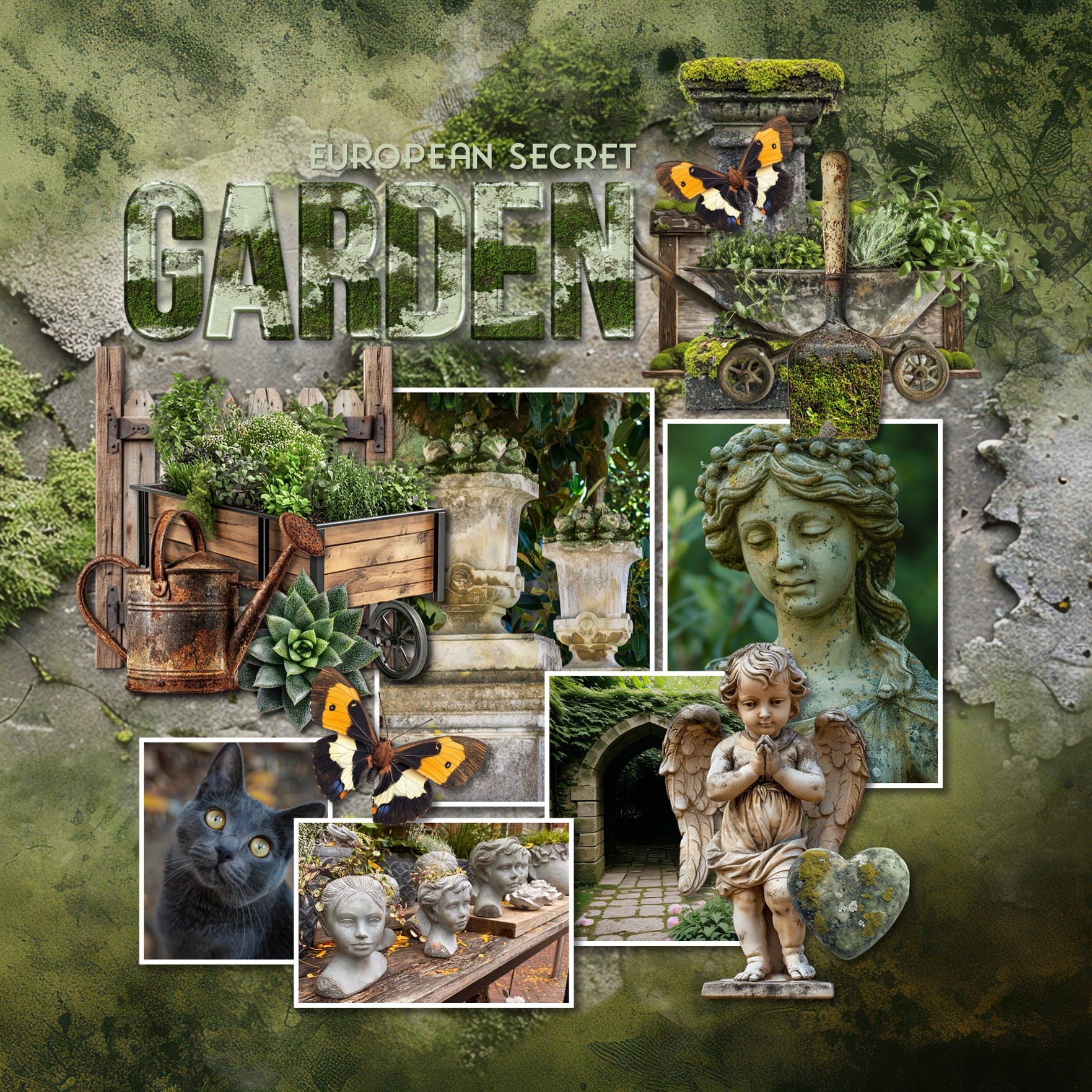 Create beautiful secret garden pages with this realistic bundle filled with embellishments, papers, clusters, and mossy alpha set by Lucky Girl Creative digital art. Embellishments include bunny rabbit, groundhog, mole, raccoon, squirrel, stone arch, moss, bird, statue, bird feeder, bird bath, bird cage, bird house, bridge, column, door, fleur de lis, frame, gnome, greenhouse, heart, butterfly, Chrysalis, caterpillar, cicada, bug, insect, dragonfly, firefly, beetle, termite, key, lantern, mushroom, picnic.