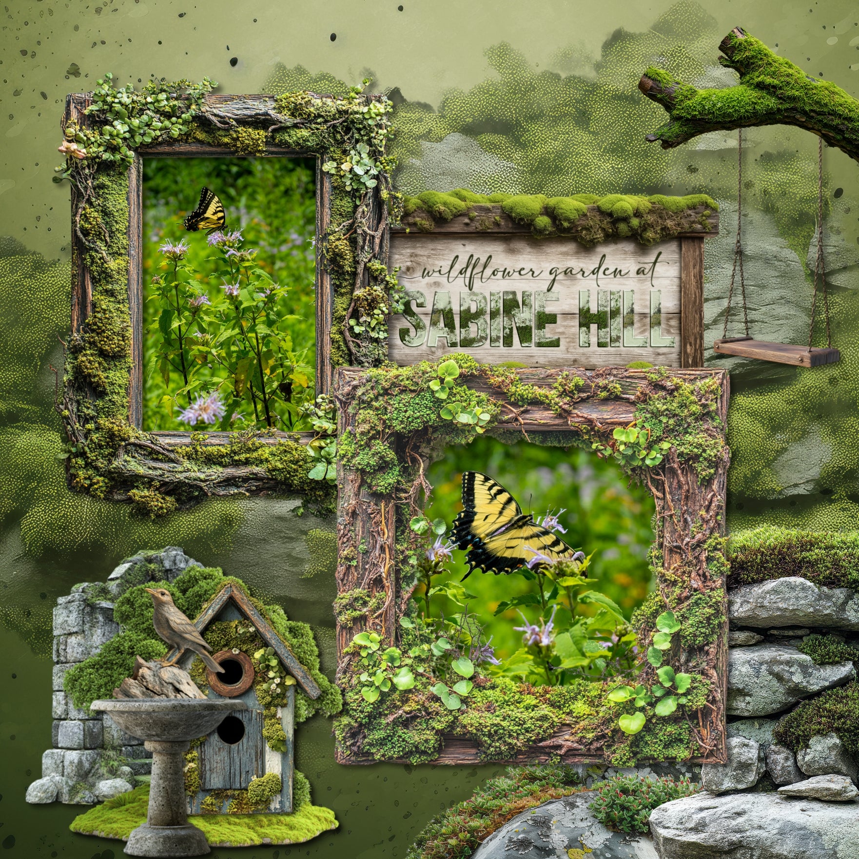 Create beautiful secret garden pages with this realistic bundle filled with embellishments, papers, clusters, and mossy alpha set by Lucky Girl Creative digital art. Embellishments include bunny rabbit, groundhog, mole, raccoon, squirrel, stone arch, moss, bird, statue, bird feeder, bird bath, bird cage, bird house, bridge, column, door, fleur de lis, frame, gnome, greenhouse, heart, butterfly, Chrysalis, caterpillar, cicada, bug, insect, dragonfly, firefly, beetle, termite, key, lantern, mushroom, picnic.