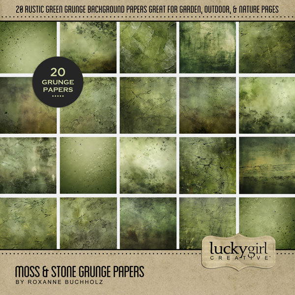 Create beautiful secret garden pages with these moss and stone digital scrapbooking background papers by Lucky Girl Creative digital art. Great for all outdoor and nature pages! This kit is included in the Moss & Stone Garden Bundle.