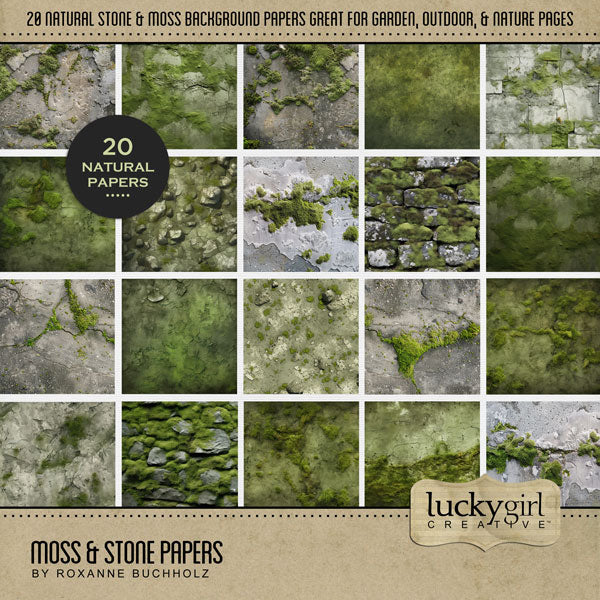 Create beautiful secret garden pages with these moss and stone digital scrapbooking background papers by Lucky Girl Creative digital art. Great for all outdoor and nature pages! This kit is included in the Moss & Stone Garden Bundle.