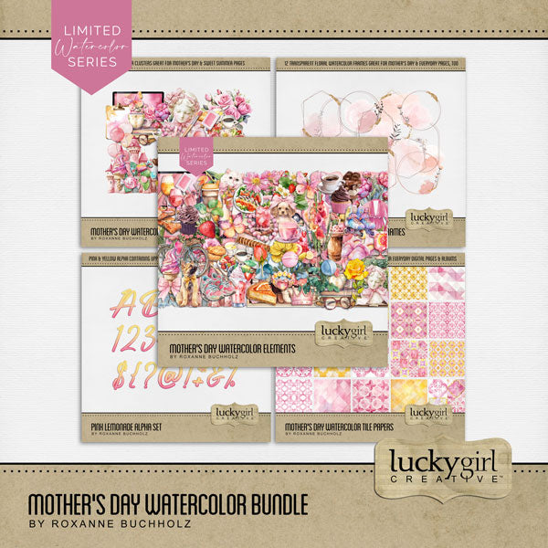 Add a touch of warmth to your summer, spring, Mother's Day, birthday, and girl-themed pages with these beautiful watercolor embellishments, pretty background papers, floral frames, clusters, and alpha set in tones of pinks and yellows by Lucky Girl Creative digital art for digital scrapbooking. Embellishments include kitty cat, puppy dog, balloon, bicycle, bike, books, tea cup, flowers, roses, bouquet, wildflowers, breakfast in bed tray, butterfly, VW bug, castle, clipboard, bookcase, blouse, and more.