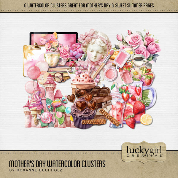 Add a touch of warmth to your summer, spring, Mother's Day, birthday, and girl-themed pages with these easy to use watercolor cluster embellishments by Lucky Girl Creative digital art for digital scrapbooking. Clusters include computer screen, books, tea cup, makeup, jewelry, breakfast in bed, slippers, balloons, candy, castle, chocolate, cupcake, milkshake, and strawberry lemonade. This kit is included in the Mother's Day Watercolor Bundle.