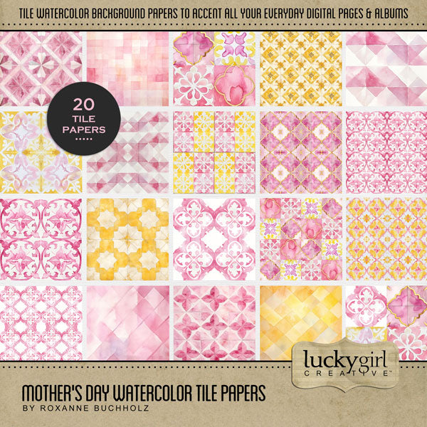 Add a touch of warmth to your summer, spring, wedding, Mother's Day, birthday, and girl-themed pages with these beautiful watercolor tile digital scrapbooking background papers in shades of pink and yellow by Lucky Girl Creative digital art. This kit is included in the Mother's Day Watercolor Bundle.